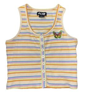 Women's Knit Tank Baby Cami Flowers Sz M 70s Y2K Funky VTG Fairy Butterfly Beach